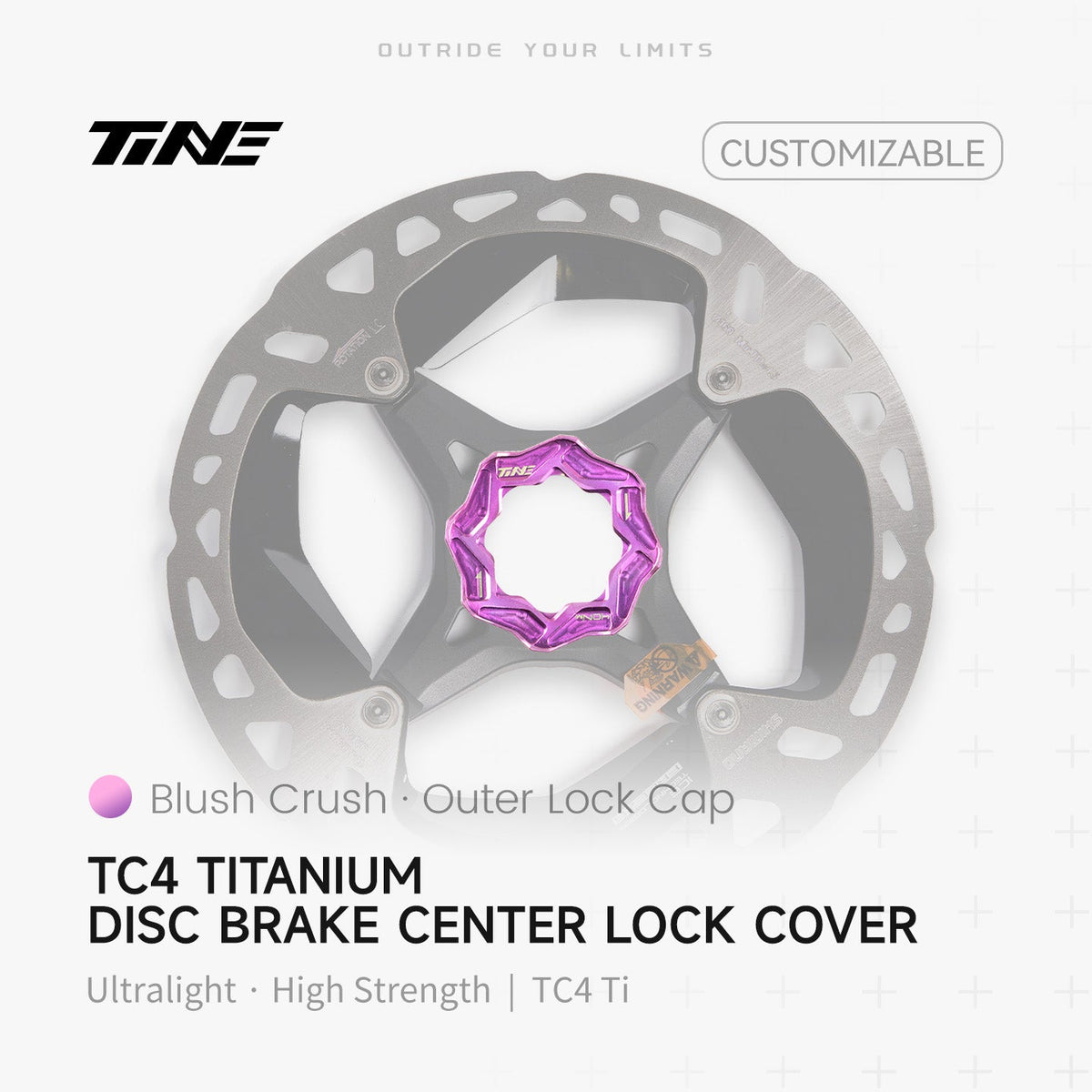 TiNE Tapa Center Lock Exterior de Titanio en acabado Blush Crush (rosa fucsia) sobre un disco de freno