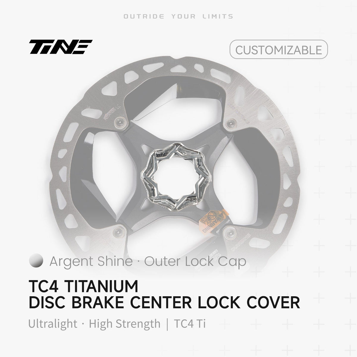 TiNE Tapa Center Lock Exterior de Titanio en acabado Argent Shine (plata) sobre un disco de freno