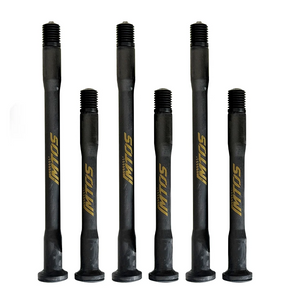 Six IMTOS carbon thru axles in two lengths with gold branding on a white background